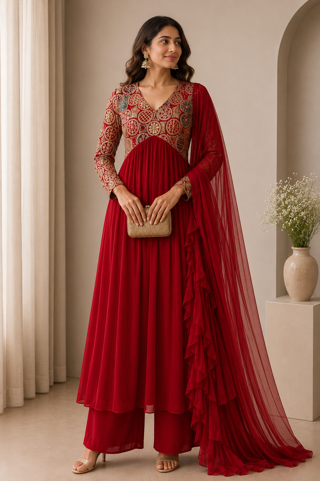 Red Embroidered Rayon Wedding Set