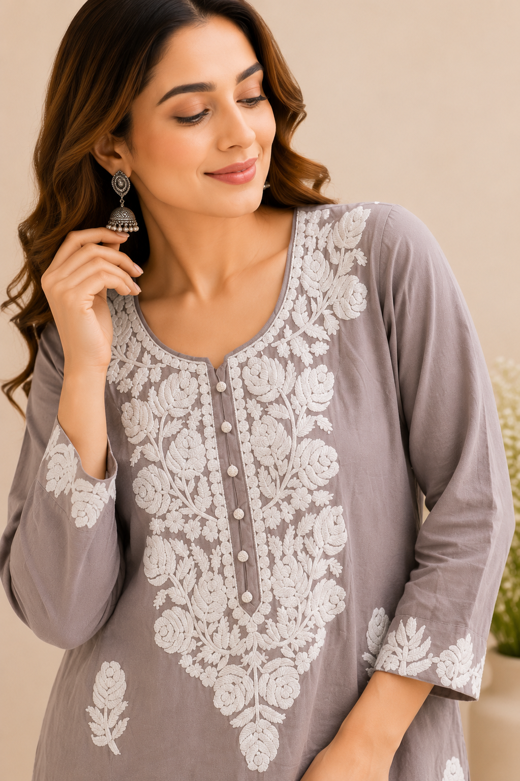 Grey Embroidered Rayon Kurta