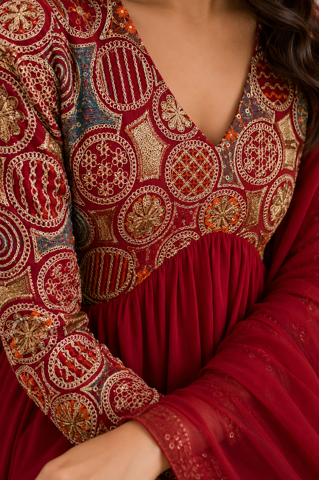 Red Embroidered Rayon Wedding Set