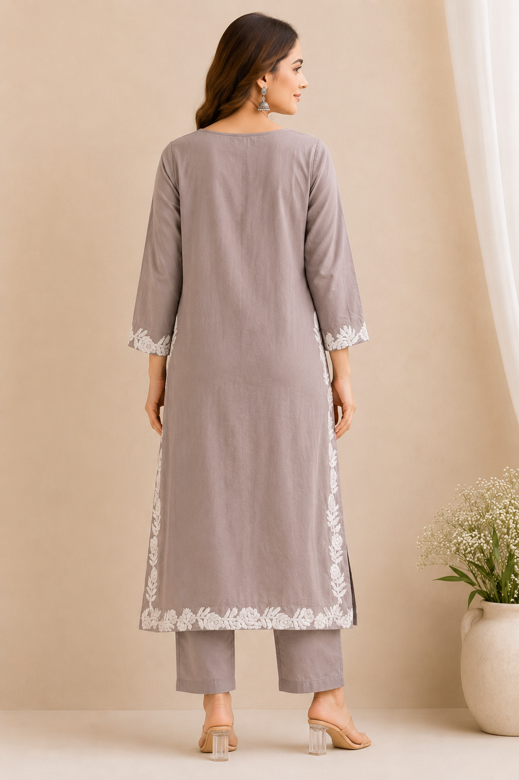 Grey Embroidered Rayon Kurta