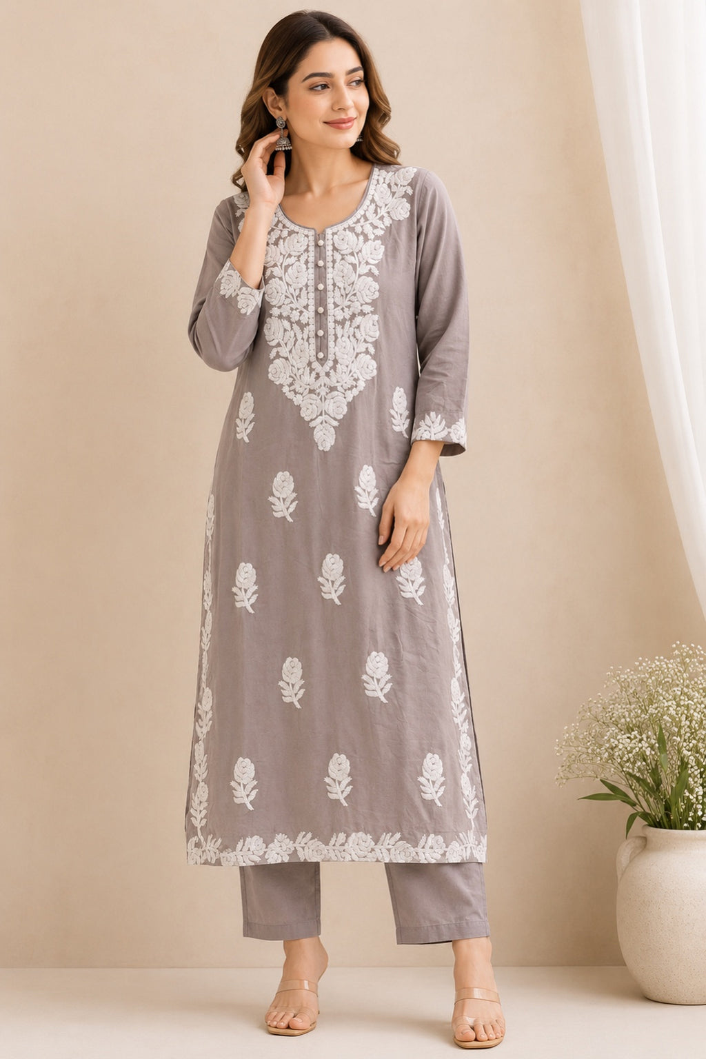 Grey Embroidered Rayon Kurta