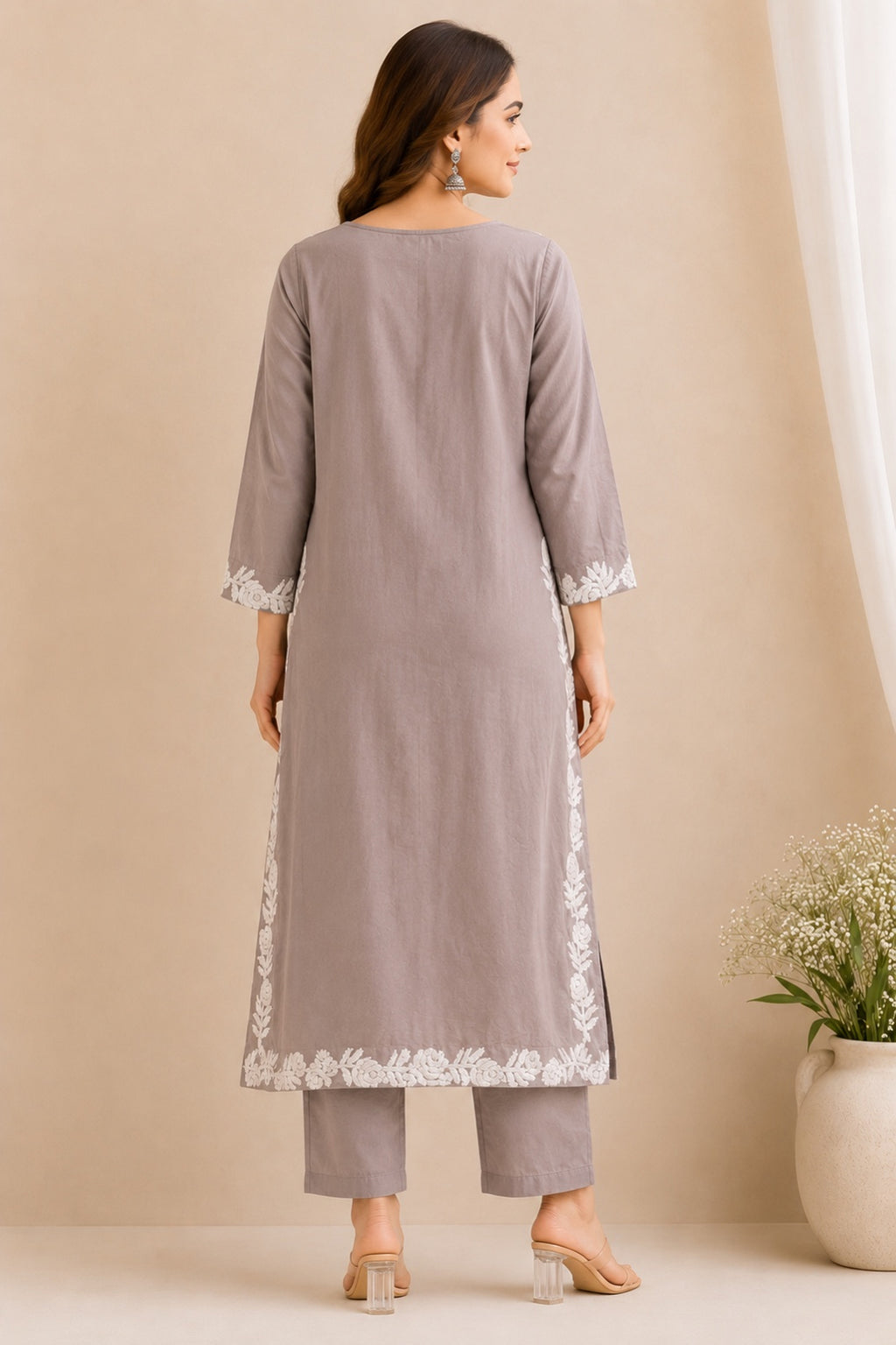 Grey Embroidered Rayon Kurta