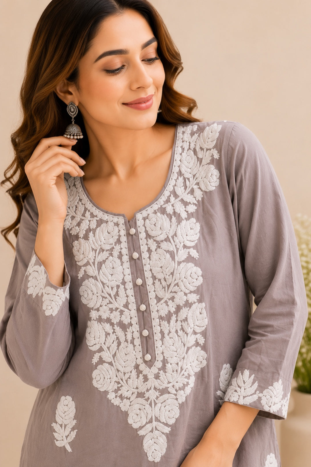 Grey Embroidered Rayon Kurta