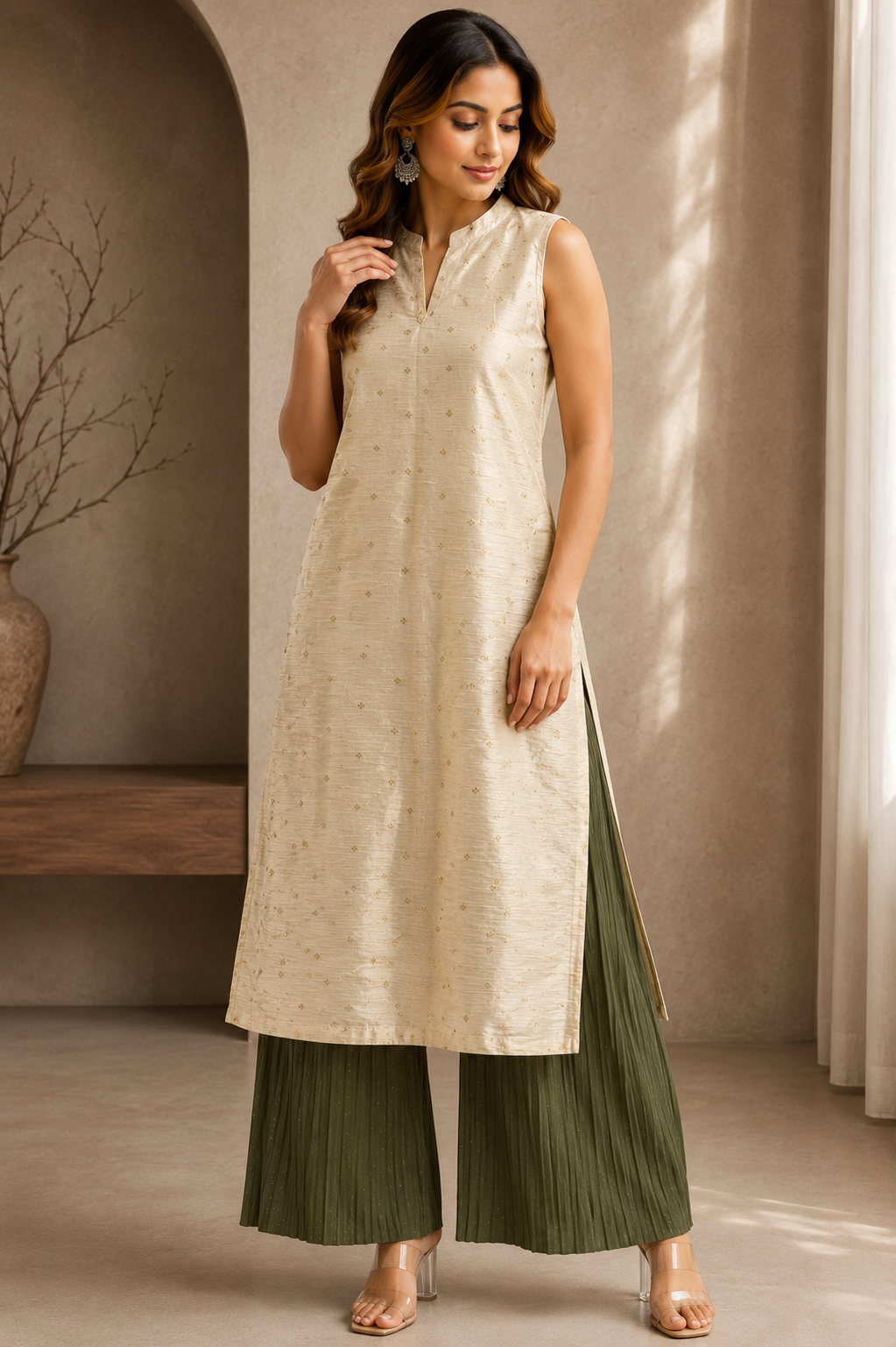 Ivory Gold Printed Kurta Palazzo Set