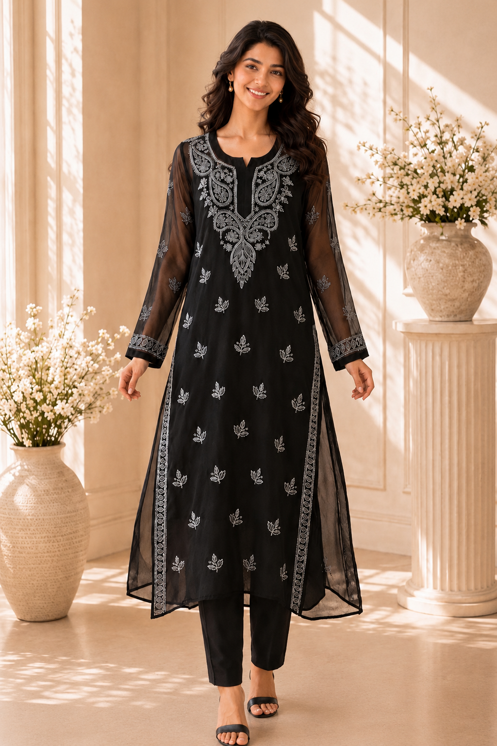 Black Embroidered Polyester Kurta
