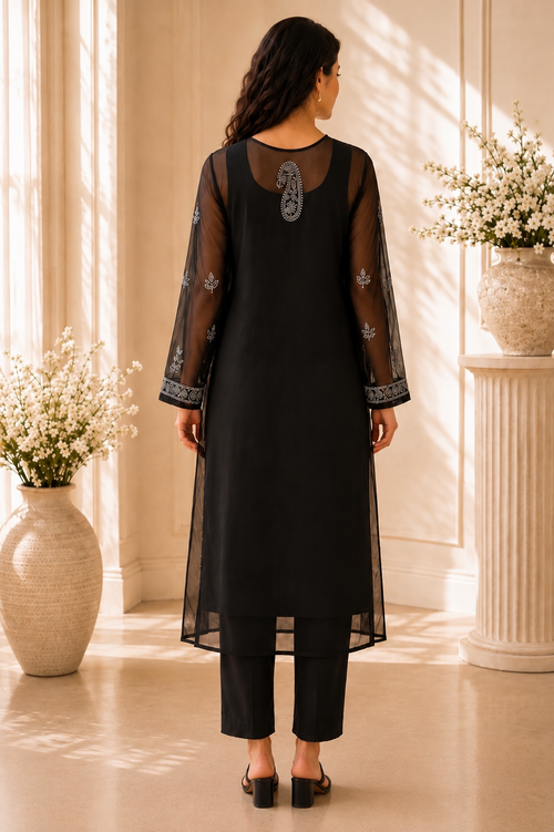 Black Embroidered Polyester Kurta
