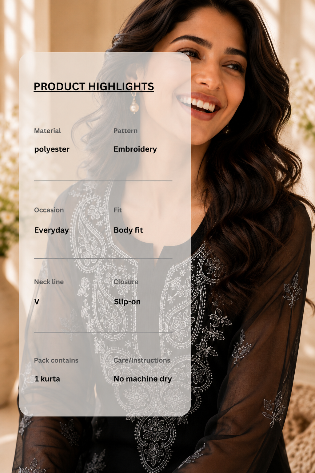 Black Embroidered Polyester Kurta