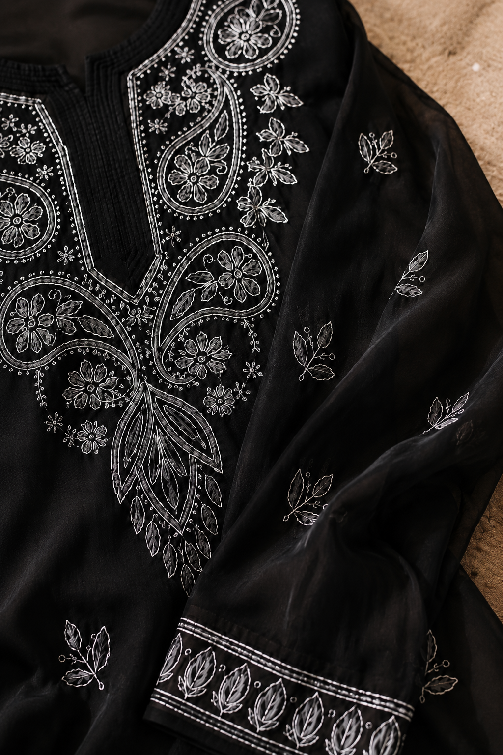 Black Embroidered Polyester Kurta