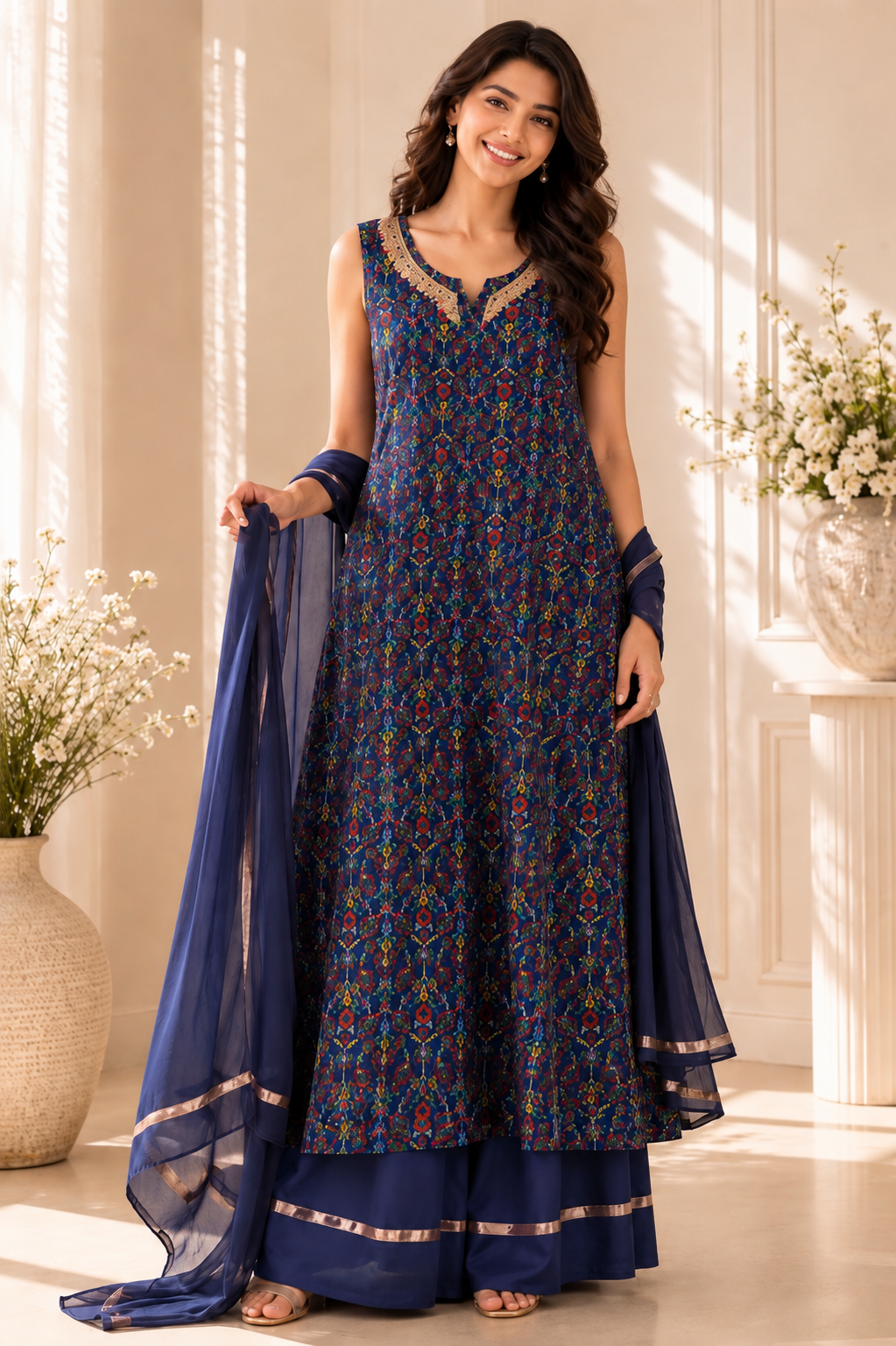 Indian Navy Wedding Set with Printed Design