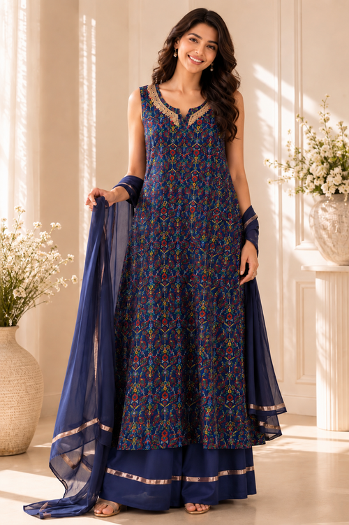 Indian Navy Wedding Set with Printed Design