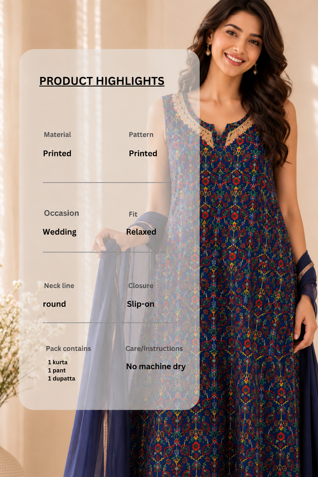 Indian Navy Wedding Set with Printed Design
