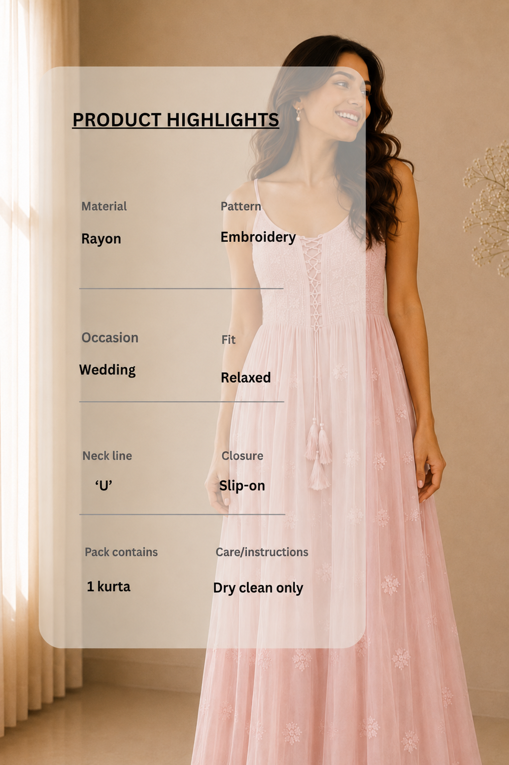 Rose Spaghetti Strap Embroidered Kurta