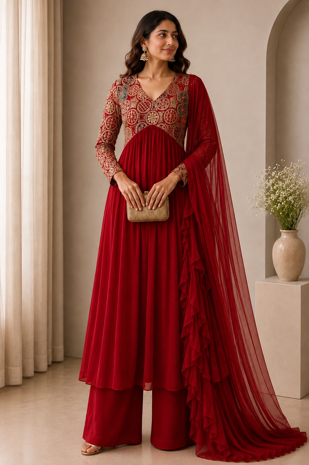 Red Embroidered Rayon Wedding Set