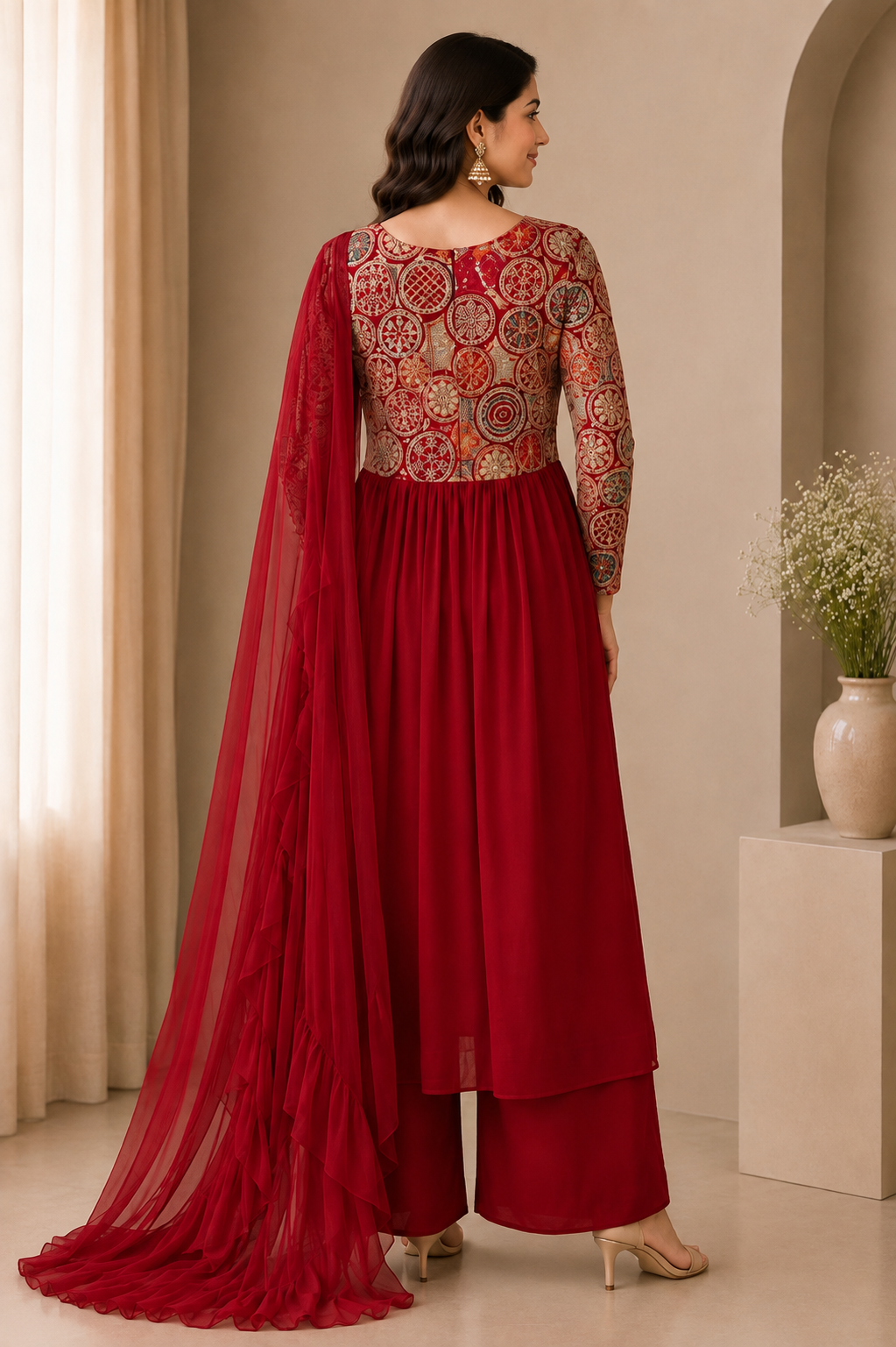 Red Embroidered Rayon Wedding Set