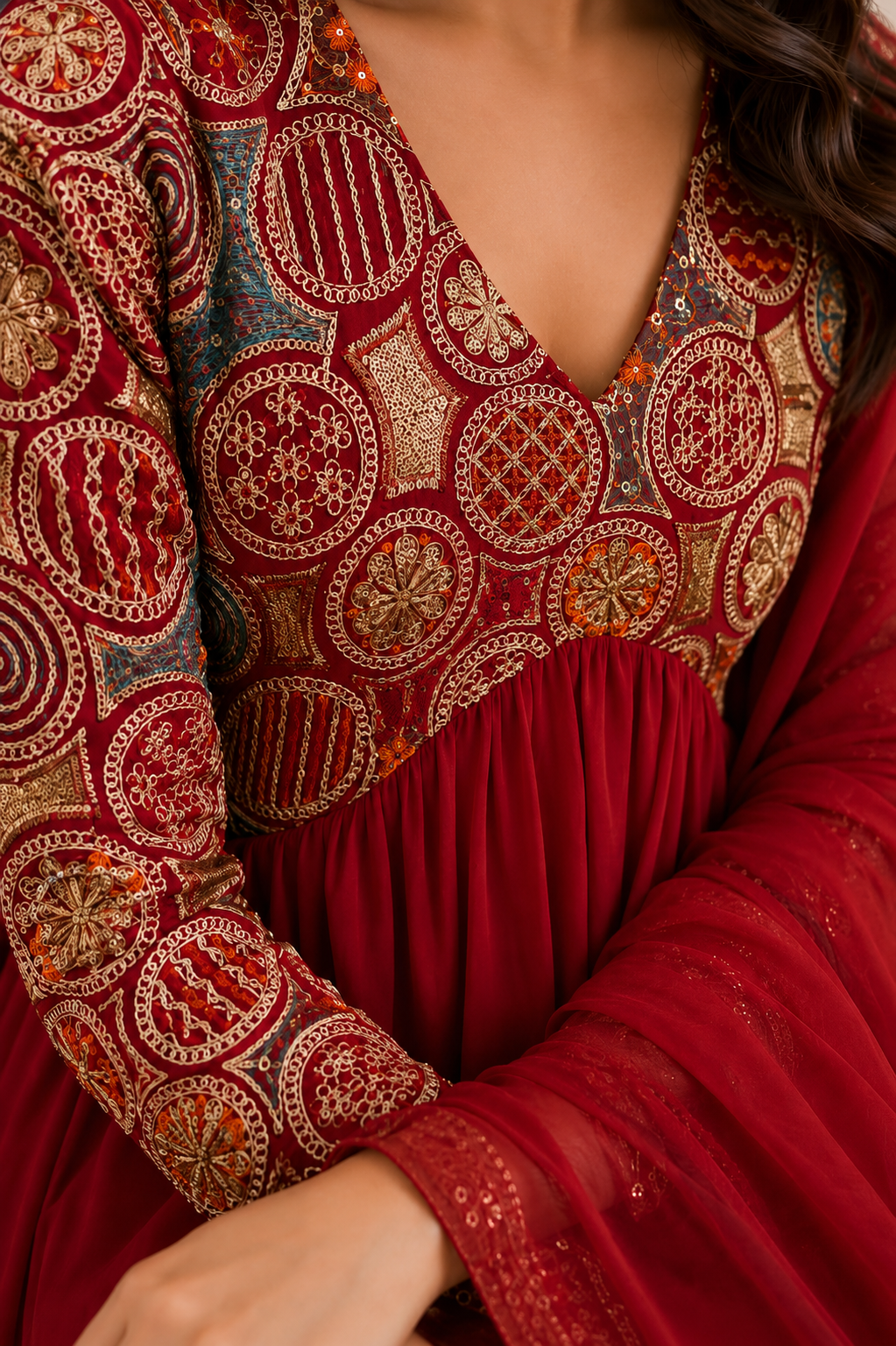 Red Embroidered Rayon Wedding Set