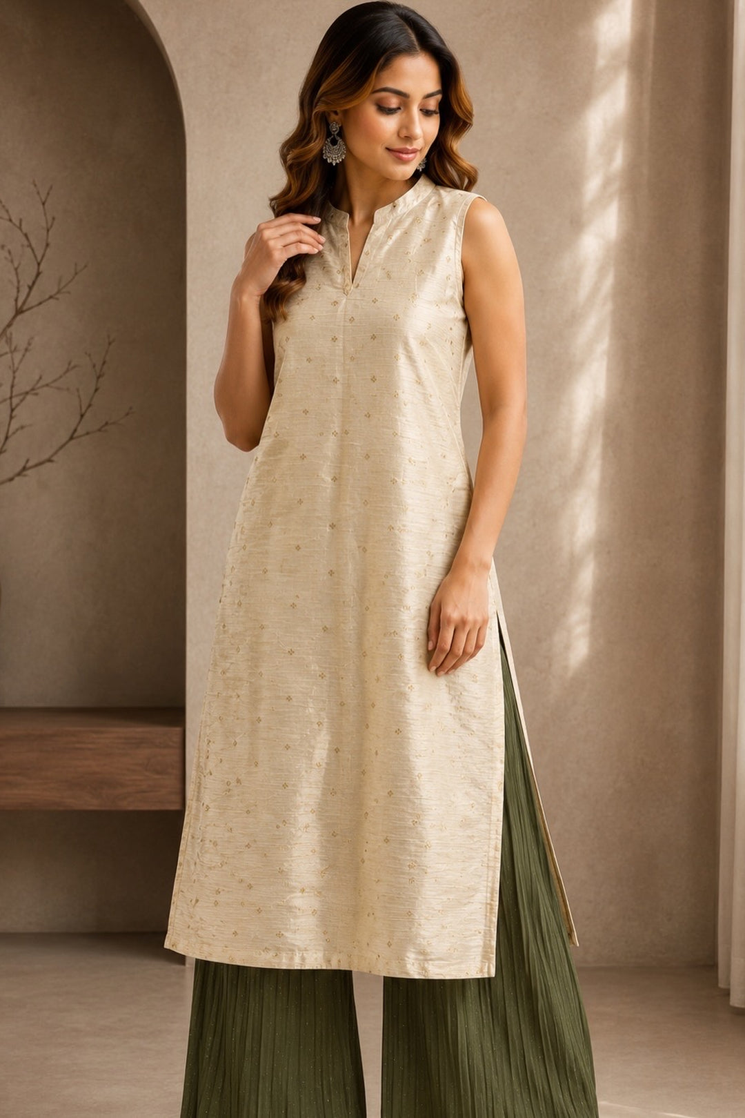 Ivory Gold Printed Kurta Palazzo Set