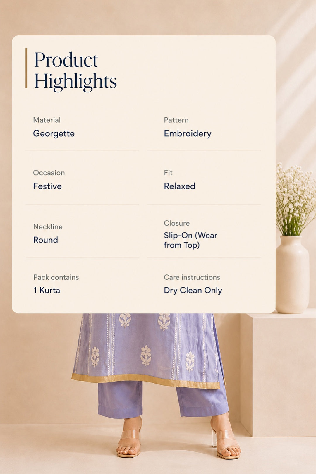 Lilac Georgette Embroidered Kurta
