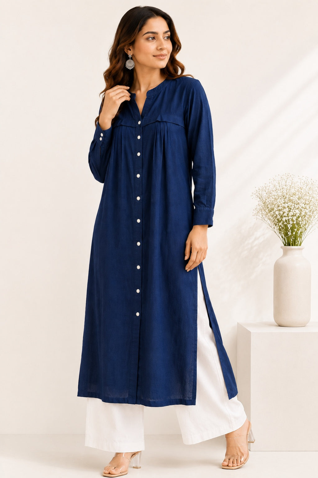 Navy Rayon Button Down Kurta