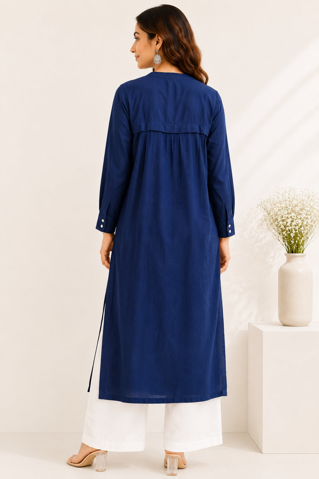 Navy Rayon Button Down Kurta