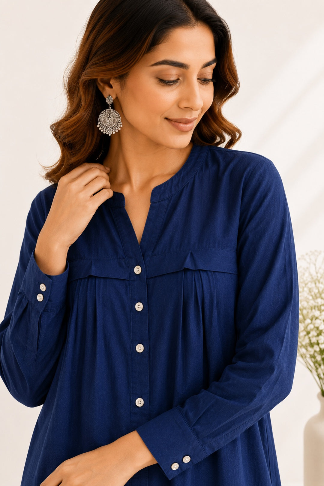 Navy Rayon Button Down Kurta