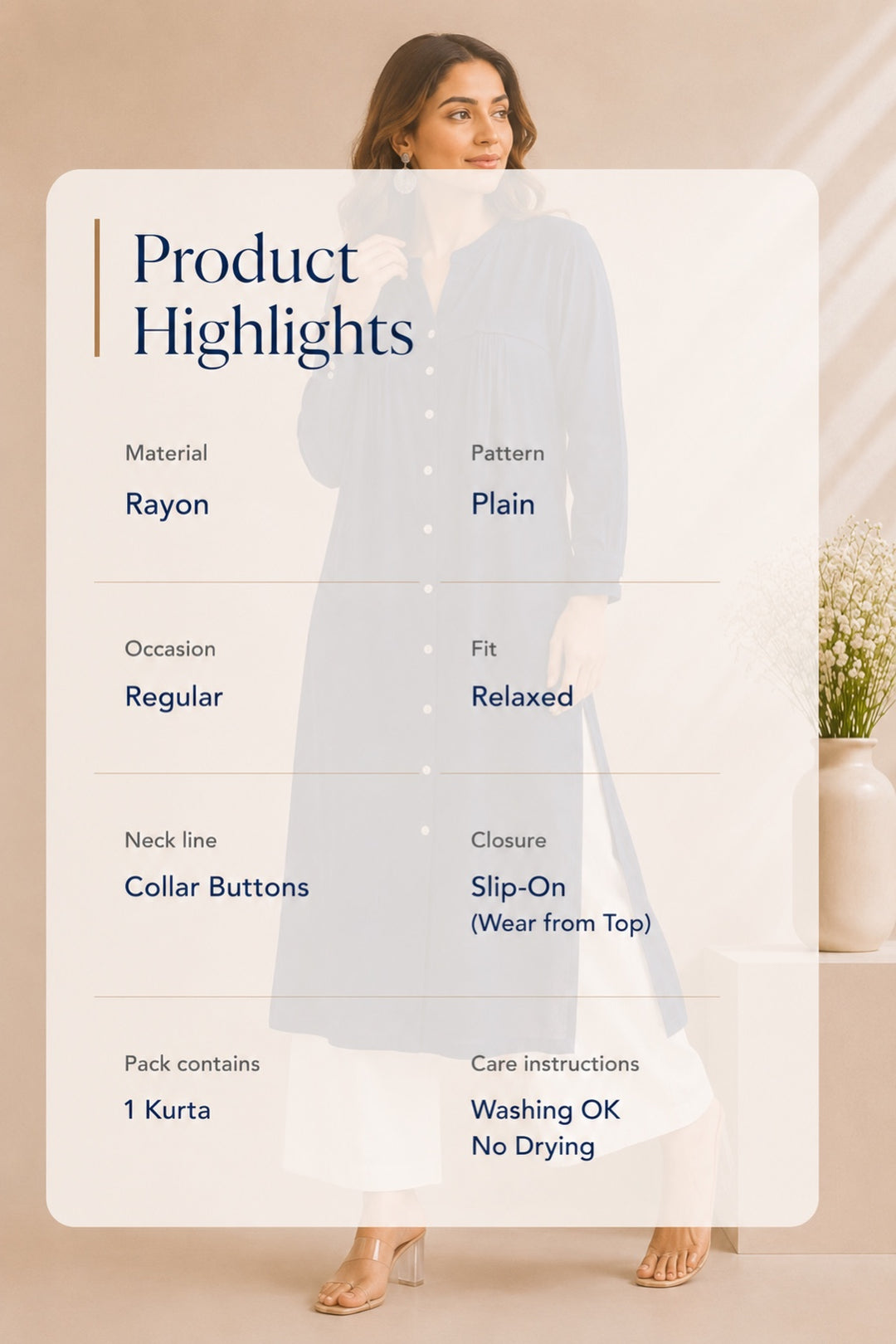 Navy Rayon Button Down Kurta