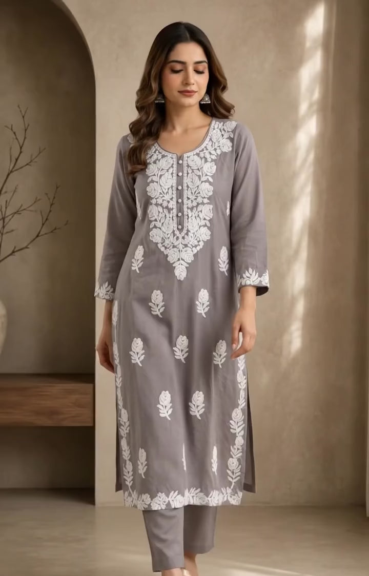 Grey Embroidered Rayon Kurta