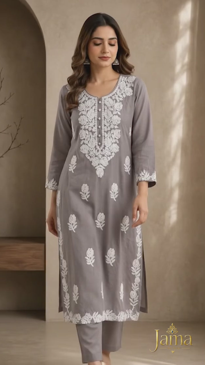 Grey Embroidered Rayon Kurta