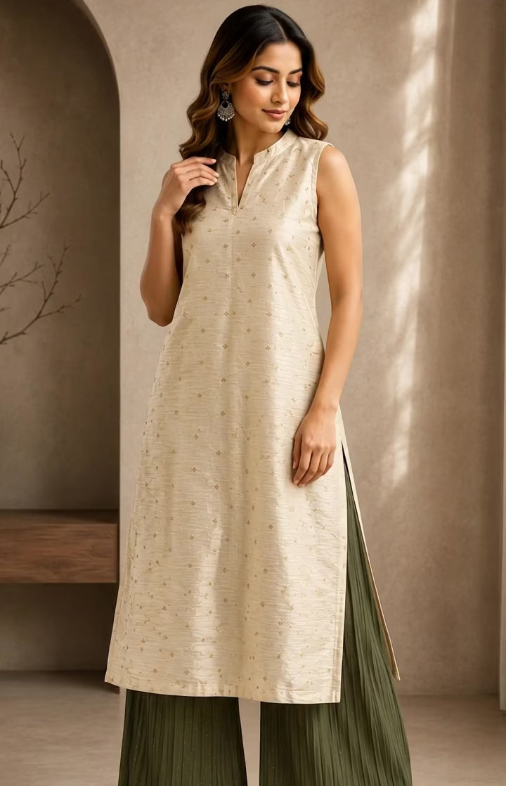 Ivory Gold Printed Kurta Palazzo Set